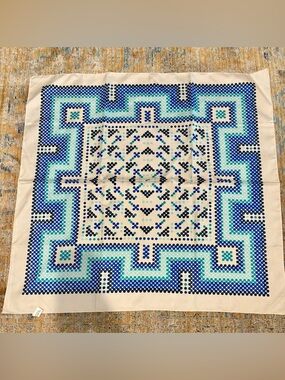 Vintage Cream Scarf with Blue and Teal Geometric Print